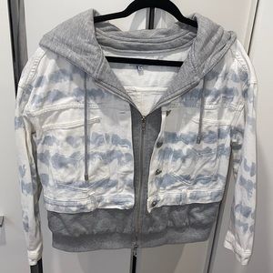 Oversized jean jacket with sweatshirt lining to make it look like another layer